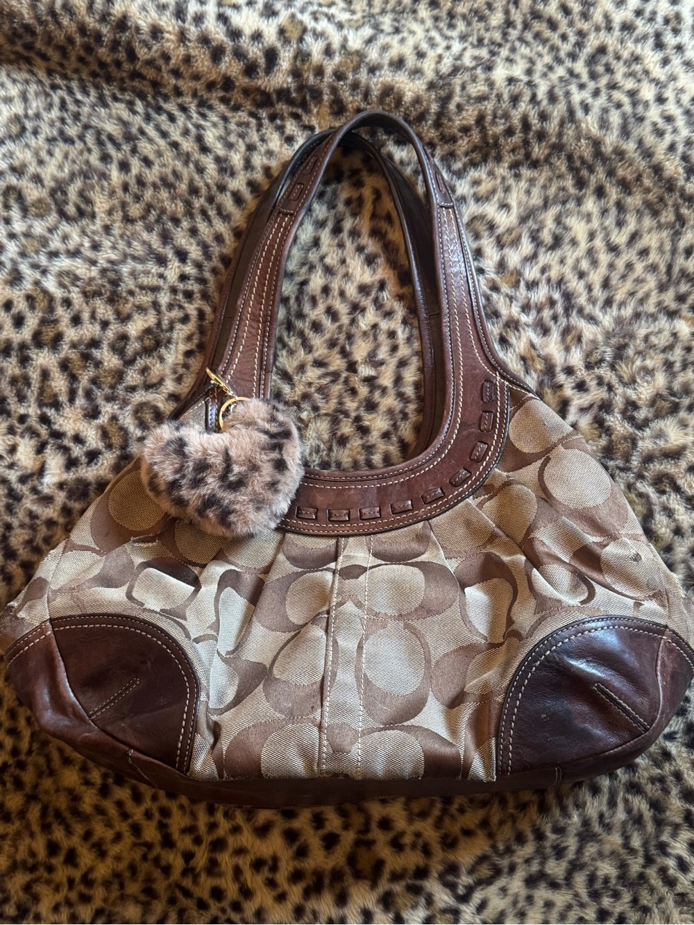 Coach Brown Signature Canvas Shoulder Bag with Pom Charm